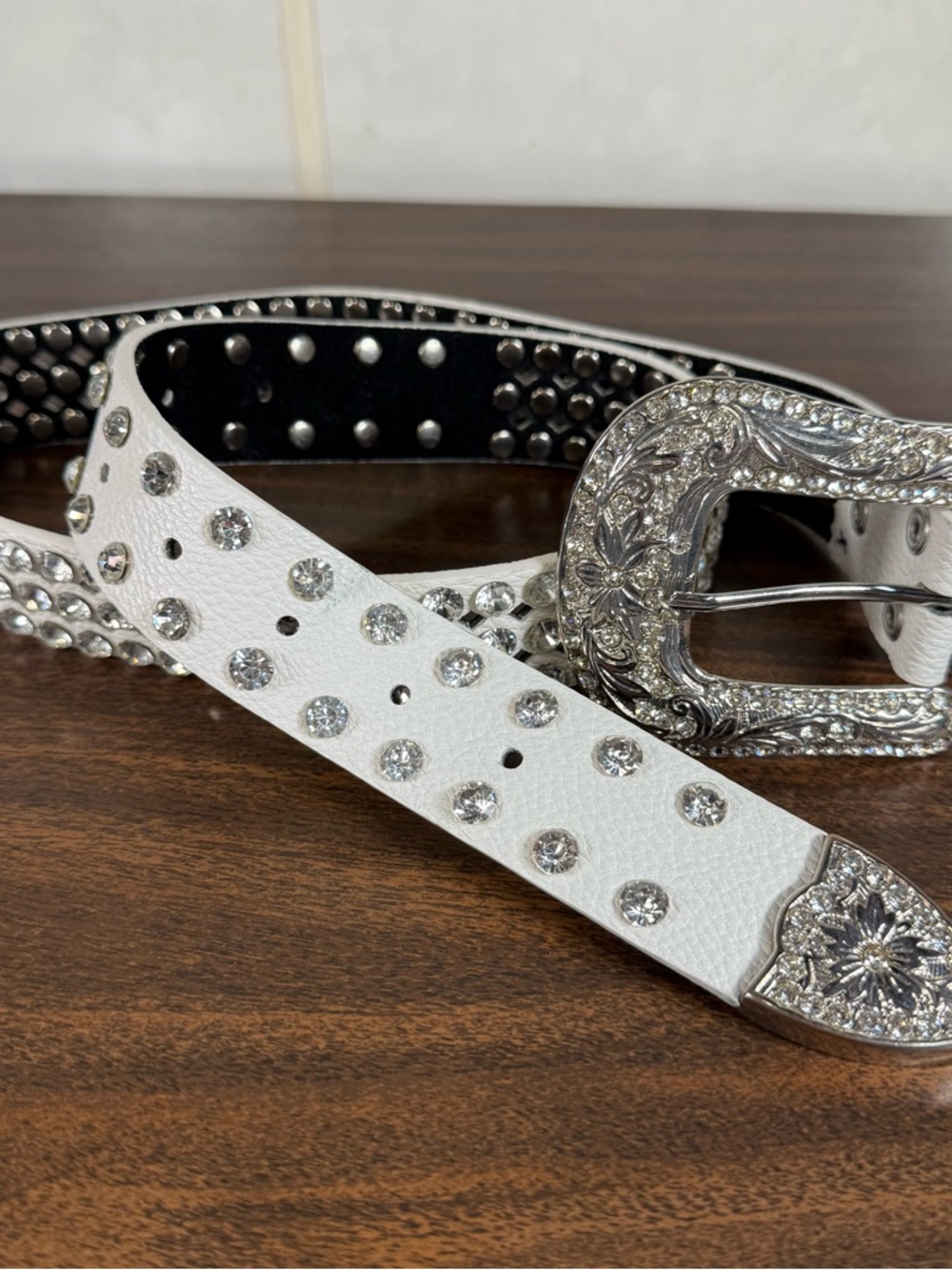 Rhinestone Belt 36” White Leather Background 1.5” Wide Cowgirl Rodeo